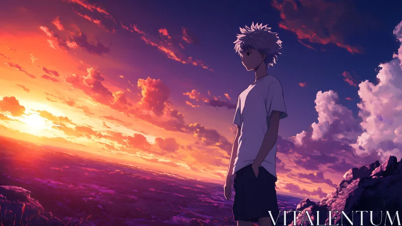 Solitary anime boy on cliff at high-saturation sunset horizon
