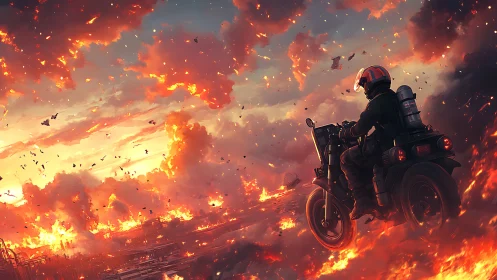 Motorcyclist traversing incendiary sky above burning cityscape