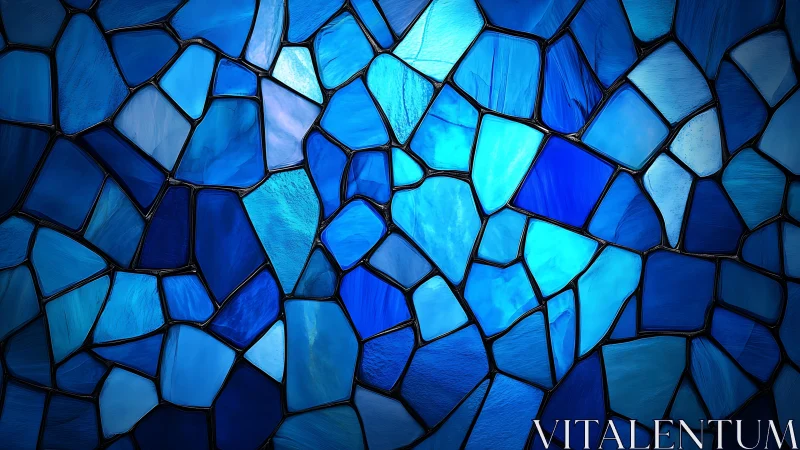 Abstract blue stained glass mosaic with geometric shapes design.