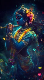 Chromatic deity portrait shows blue-toned figure with flute and floral adornment