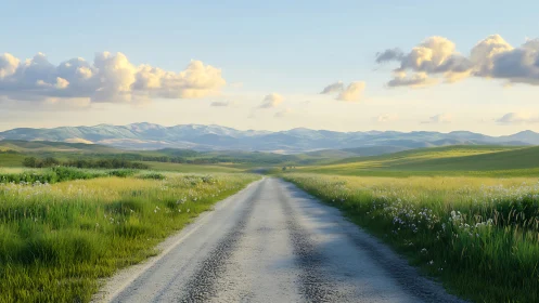 Sunlit country road gently leads toward distant blue hills