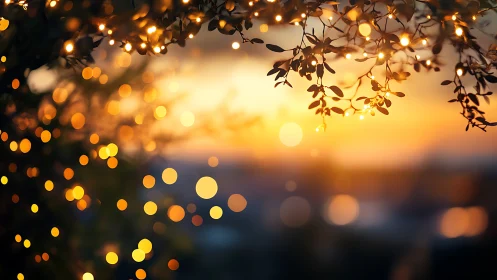 Golden fairy lights glow against a dreamy sunset horizon.