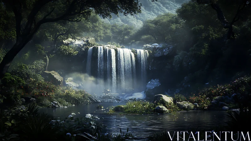 Sunlit forest waterfall cascades into tranquil reflective pool