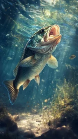 Largemouth bass surges upward through luminous river water.
