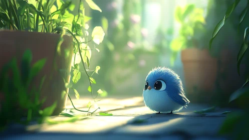 Blue fluffy bird explores sunlit garden path