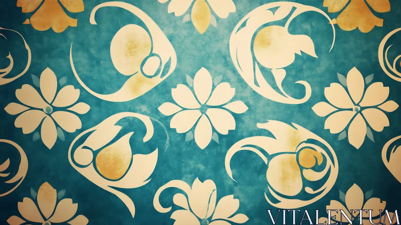 Floral stencil motifs drift across textured teal canvas.