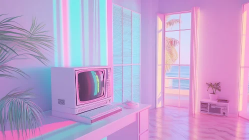 Retro computer workstation stands in neon-lit coastal room