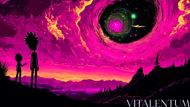 Psychedelic alien sky vortex frames silhouetted observers at sunset