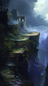 Stormlit stone stairway ascends to a ruined cliffside citadel