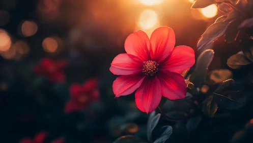 Radiant Red Cosmos Flower Glowing in Golden Sunlight