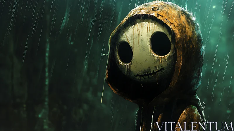 Hooded figure with blank mask stands in heavy forest rain