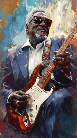 Older guitarist in suit holds electric guitar against abstract background