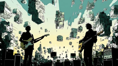 Two guitarists share a surreal city stage beneath floating blocks
