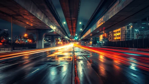 Long-exposure urban overpass channels neon traffic streams