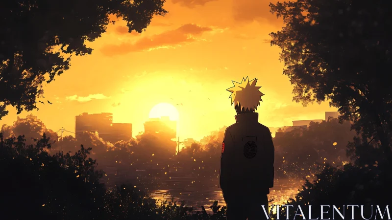 Solitary anime figure contemplates a golden river sunset