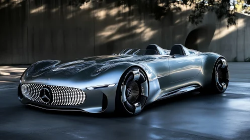 Silver Mercedes concept roadster sits parked in shaded courtyard