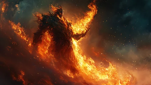 Flaming elemental strides through swirling inferno storm.