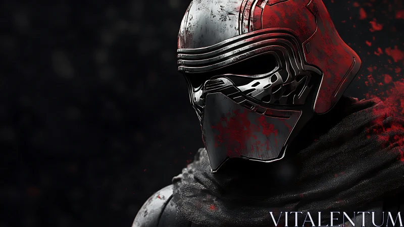 Battle-scarred sci-fi helmet portrait with red impact spatter