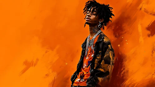 Stylish streetwear artist leans into vivid orange energy