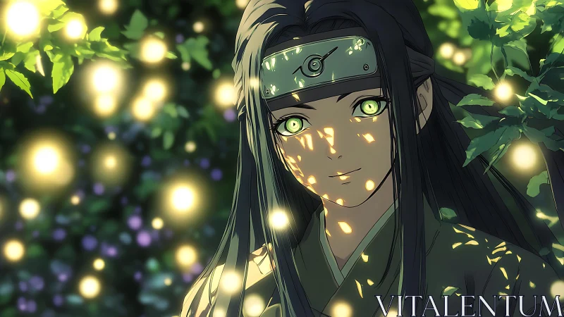Anime forest portrait with luminous bokeh and leaf dappled light.