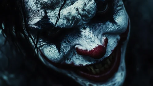 Haunting close-up of a wickedly grinning painted clown face.