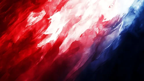 Abstract red, white, and blue brushstroke painting in vivid style.