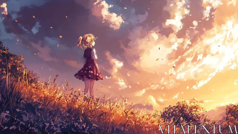 Girl standing on grassy hillside under illuminated sky.