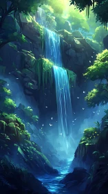 Enchanted Waterfall Cascades Through Luminous Forest Canyon