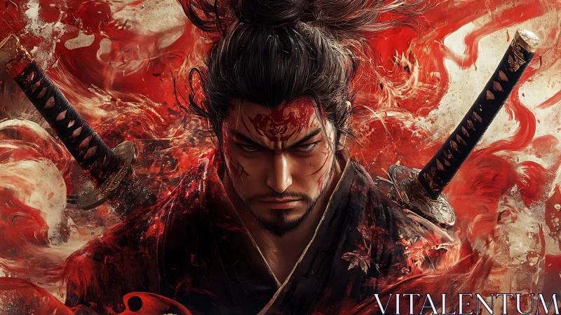Bloodstained samurai warrior amid swirling crimson fury.