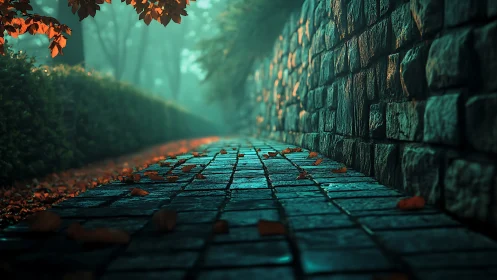 Moody stone path with autumn leaves in misty green light.