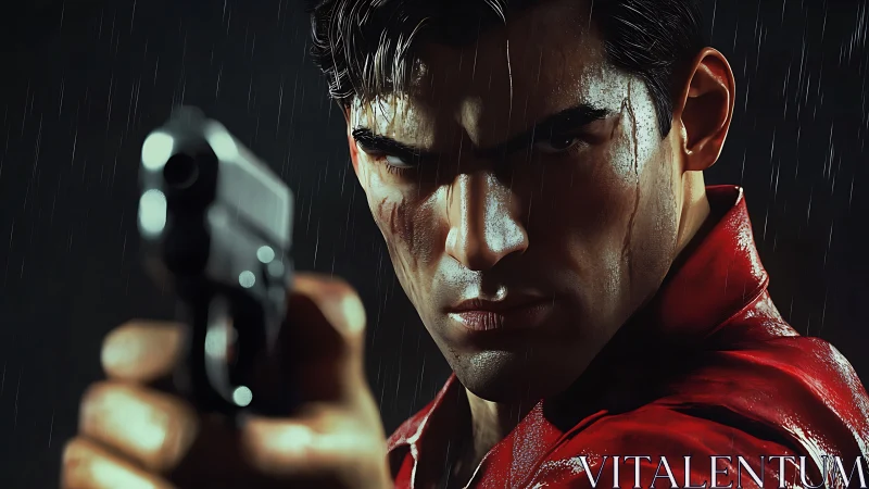 Gunman locks intense gaze down the barrel in pouring rain.