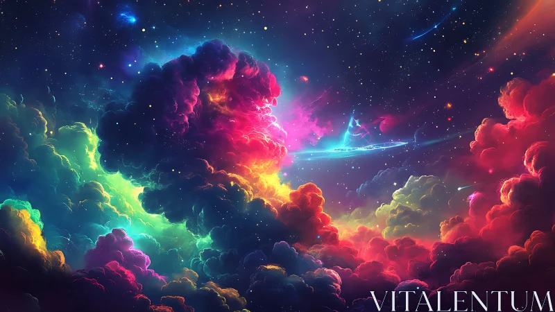Neon nebula clouds ignite a dreamy voyage across the stars