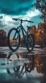 Blue bicycle parked on wet pavement reflecting dramatic autumn sky