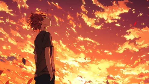 Side profile of youth under expansive orange sunset sky.