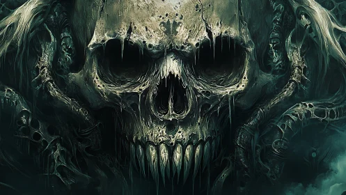Grotesque biomechanical skull fa&ccedil;ade in dark fantasy rendering.