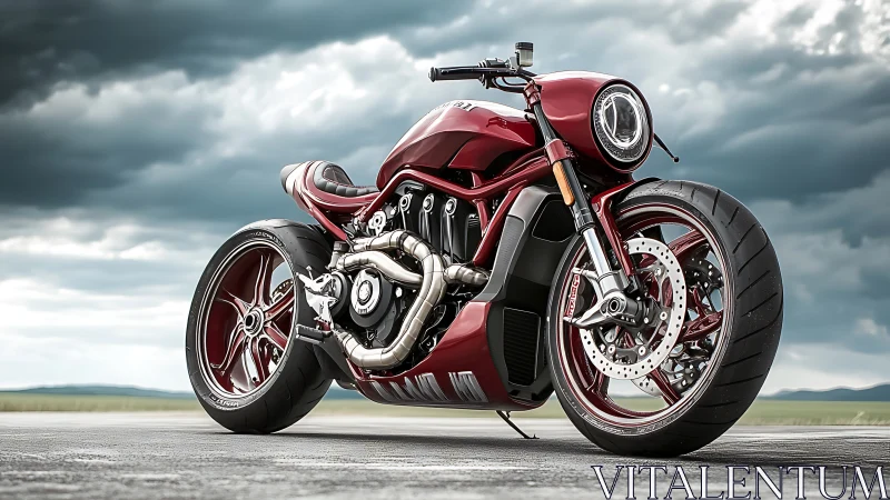 Low-angle render of red custom muscle motorcycle with exposed exhaust