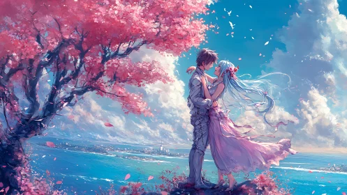 Aerial coastline romance under saturated cherry blossom canopy.