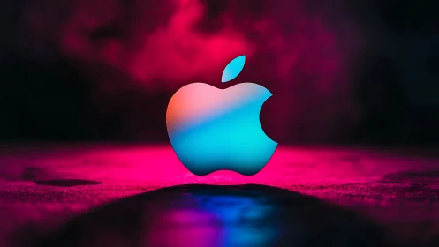 Luminescent Apple Logo Against Neon Magenta Background.