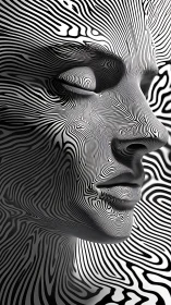 Monochrome striped face sculpture merges with optical waves