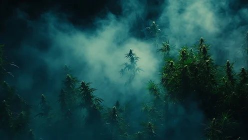 Dense cannabis canopy emerges through atmospheric teal fog