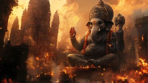 Fiery temples sway while serene Ganesha steadies the sky