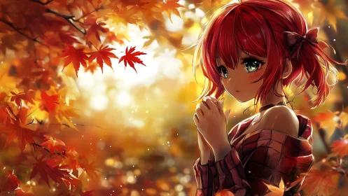 Autumnal anime portrait with bokeh diffusion and maple foliage.
