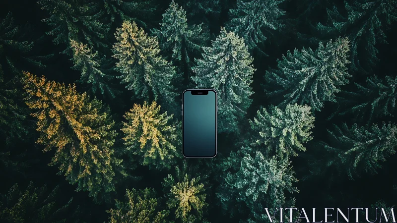 Smartphone floating above dense evergreen forest canopy.