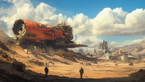 Massive red starship dominates dusty frontier outpost