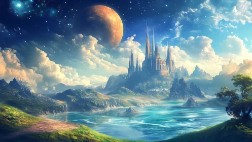 Fantasy lakeside castle under alien planet sky at dusk.