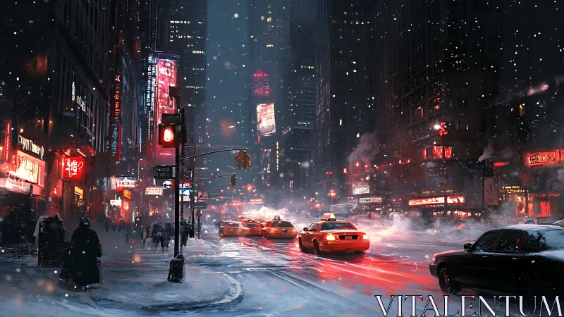 Snow-covered urban street shows taxis under neon signage