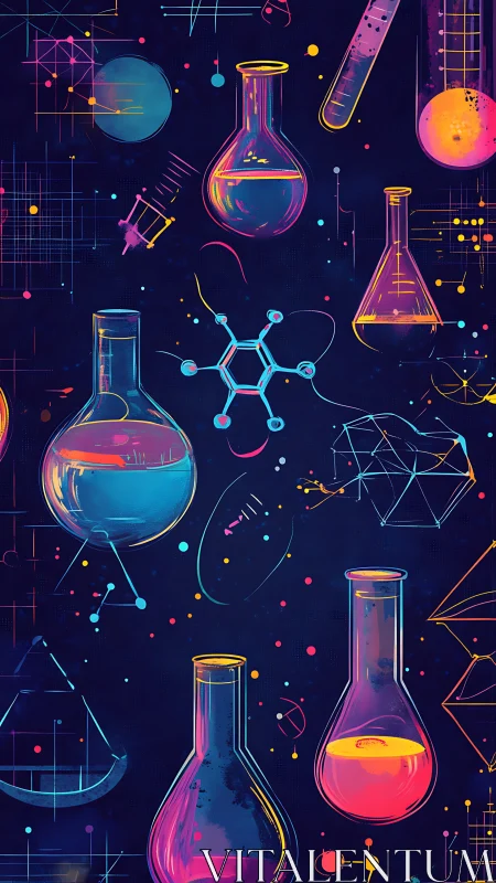Laboratory glassware and molecular diagrams are systematically arranged
