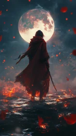 Digital painting of lone swordsman under eclipsed blood moon.