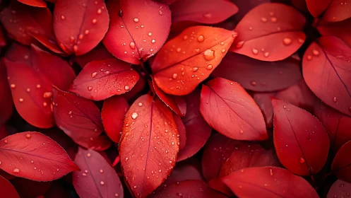 Scarlet leaves glisten under fresh raindrops in close view.
