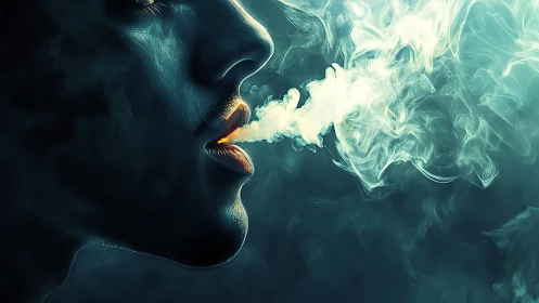 Side-profile silhouette exhaling illuminated vapor plume